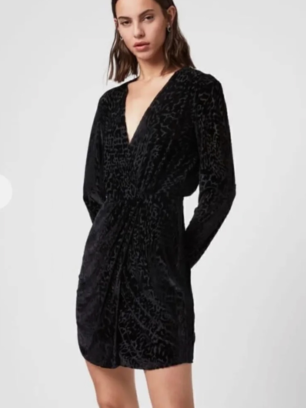 AllSaints Laney Devore Black Velvet Leopard-Print Long Sleeve Wrap Dress